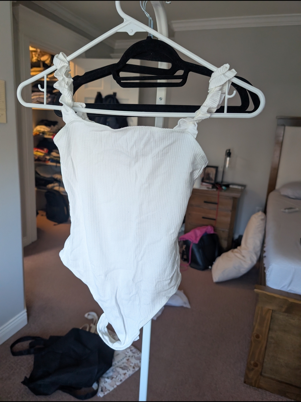 Sunday Best White Ruffled Strap Ribbed Bodysuit